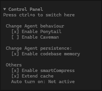 The DistilCode Control Panel listing Enable Ponytail, Enable Caveman, Enable codebase memory, Enable smartCompress and Extend cache